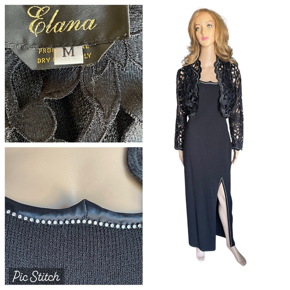 Elana Black Embellished Knit Maxi Dress with Lace Bolero size M